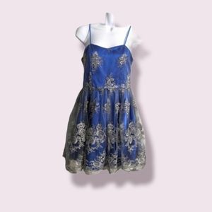 Un Deux Trois Royal Blue & Silver Lace Spaghetti-Strap Formal Dress